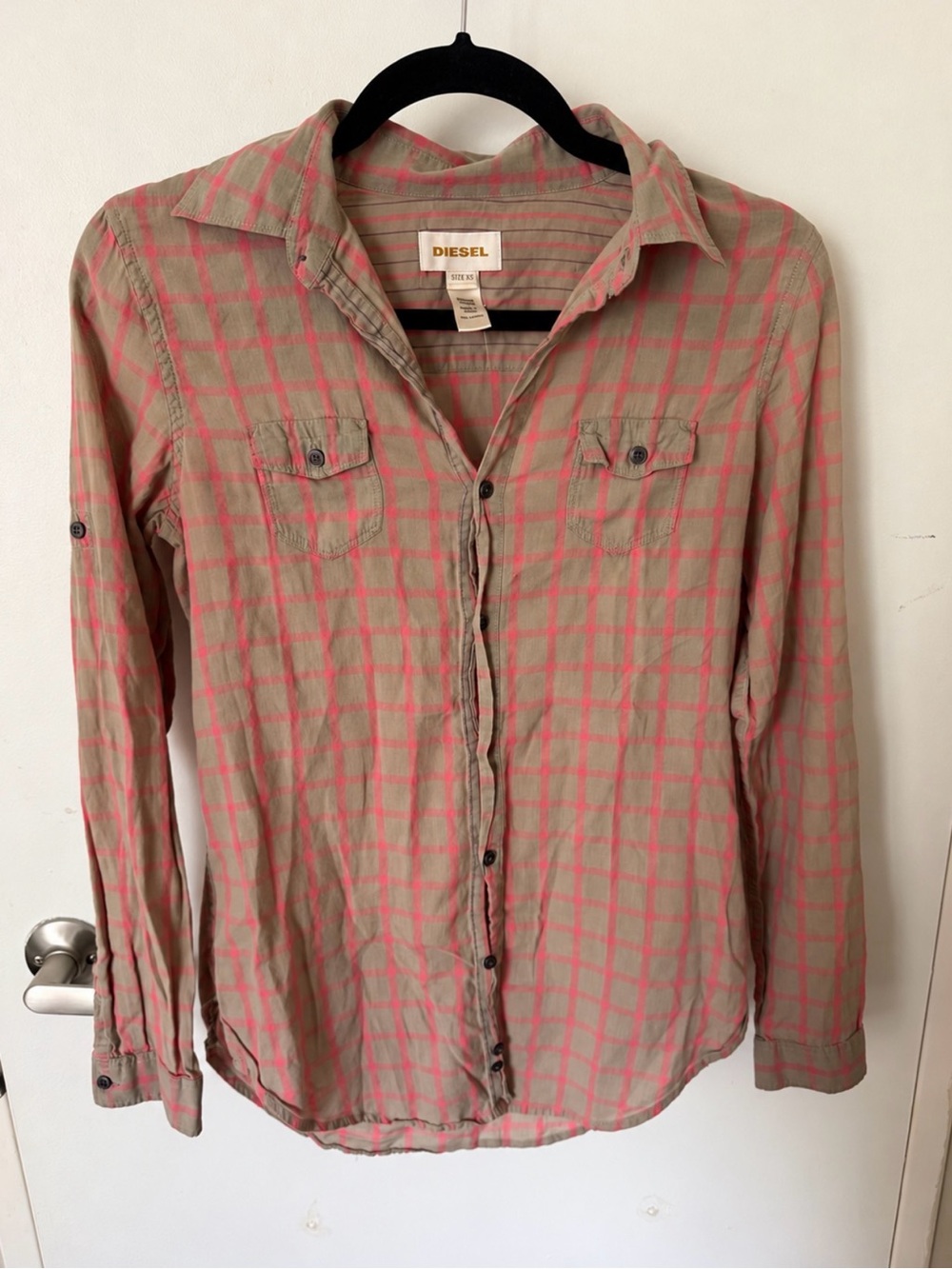 Vintage Diesel Tan shirt with Pink Plaid Accents